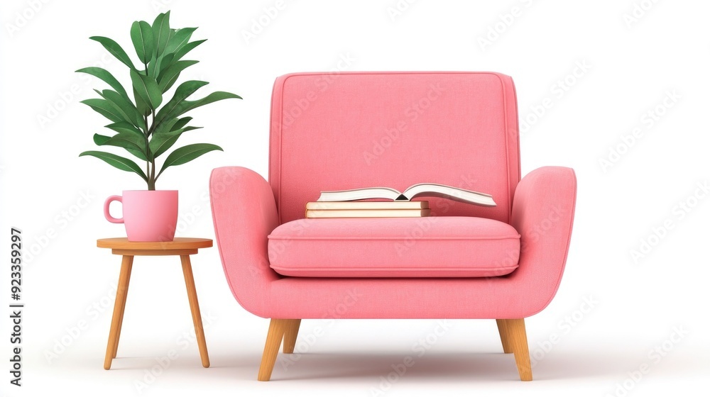 Poster cozy and inviting watercolor of a comfortable armchair with an open book and a steaming cup of cocoa