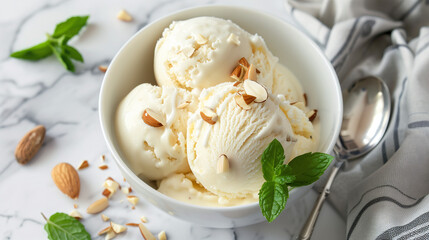 a bowl of creamy almond milk ice cream, garnished with crushed almonds and fresh mint, set on a marble countertop with a silver spoon