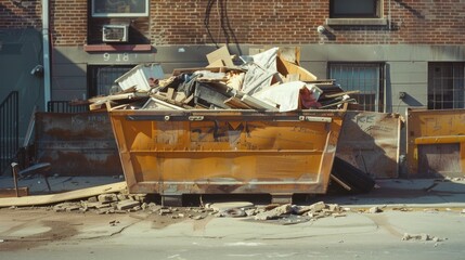 An overflowing dumpster on an urban street, filled with assorted debris and wooden planks, set against a backdrop of weathered buildings.