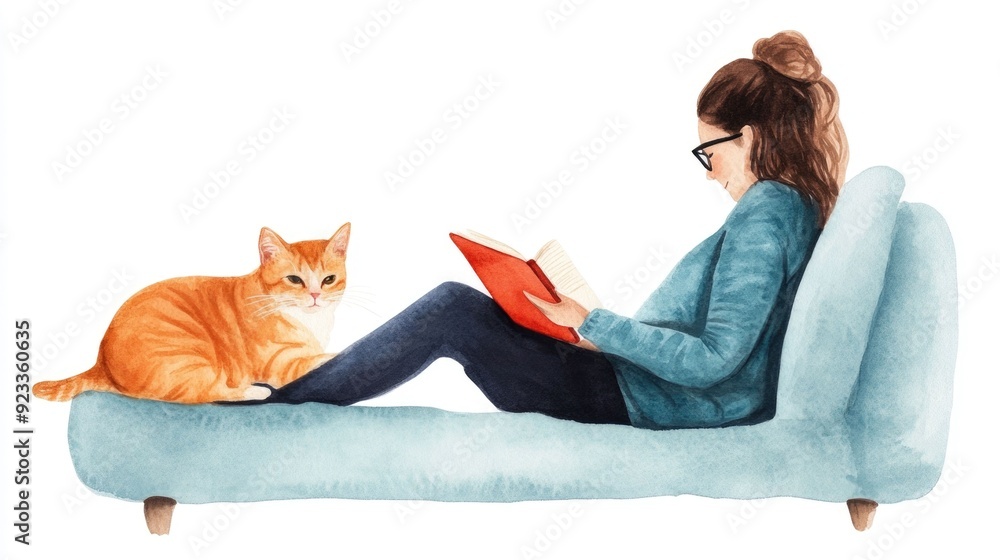 Poster cozy and calming watercolor depicting a person sitting in a comfortable indoor setting engrossed in 