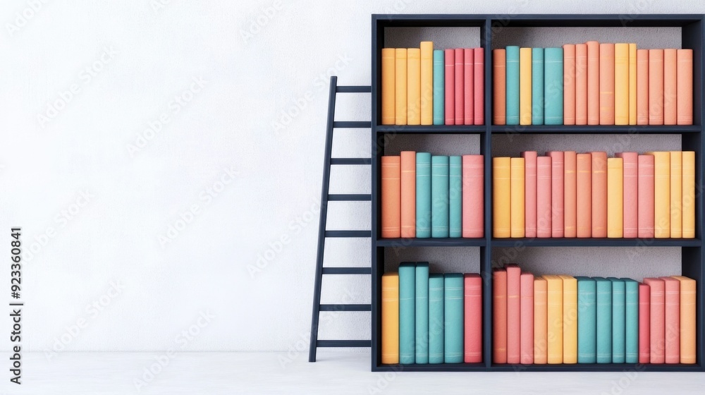 Poster Cozy watercolor featuring a wooden bookshelf with a ladder surrounded by books and creating a peaceful inviting atmosphere on a white background  This image evokes a sense of relaxation knowledge