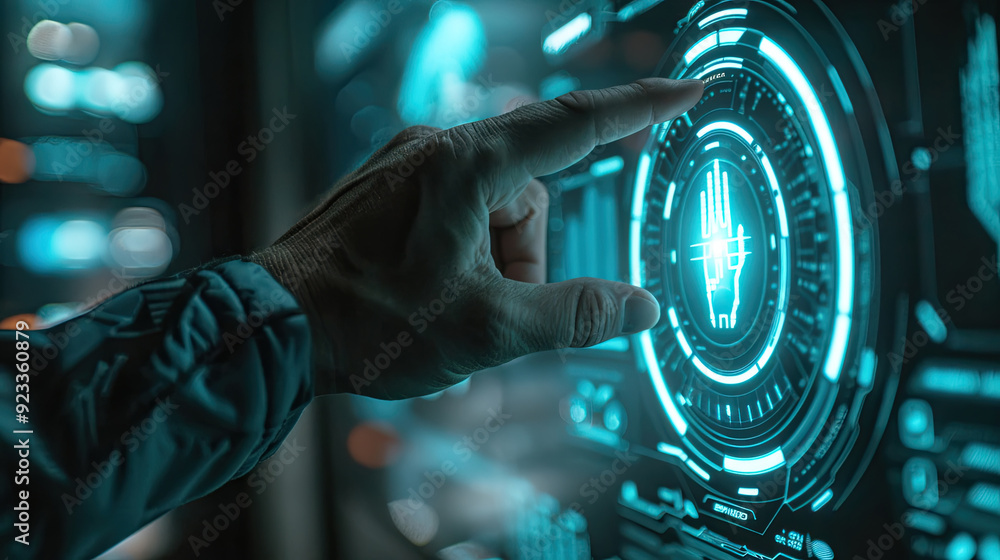 Poster a hand reaches out to engage with a glowing digital display in a modern technology lab