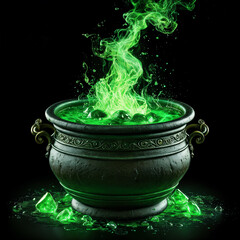 Large, green cauldron filled with glowing green liquid, which is surrounded by shards of glass and smoke, creating a mystical or magical atmosphere.