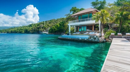Luxurious island villa with a private dock and turquoise waters, perfect for promoting high-end tropical vacation rentals and exotic getaways
