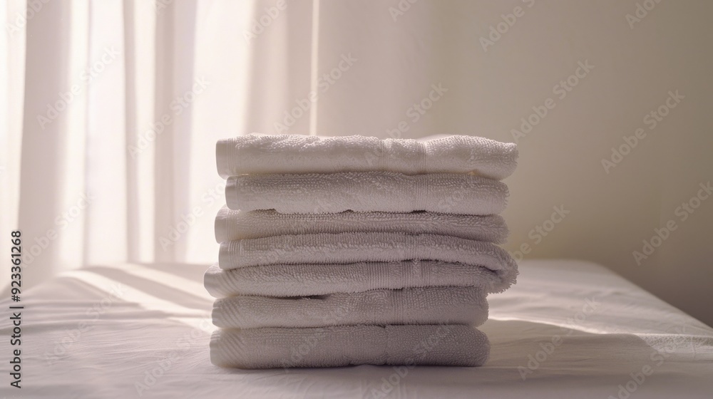 Sticker A neatly stacked pile of fresh white towels sits invitingly on a bed, highlighted by soft natural light streaming through a nearby window.