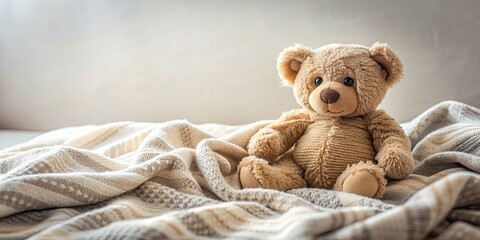 Fototapeta premium Teddy bear sitting on a cozy blanket , cute, stuffed animal, toy, soft, fluffy, children, play, adorable, comfort, cozy