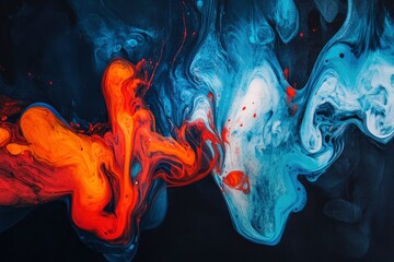 Fototapeta premium Acrylic blue and red colors in water. Ink blot. Abstract black background , ai