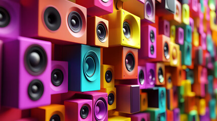 A colorful background with cubes and squares loudspeakers, featuring playful and joy of music