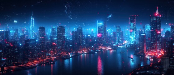 Fototapeta premium Futuristic Cityscape with Neon Lights and a River at Night