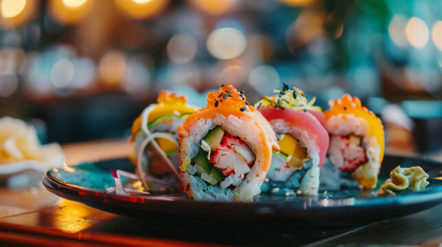 Indulge in an upscale dining experience with Futo maki sushi rolls filled with a delicious combination of egg omelet, crab stick, cucumber, and pickled vegetables