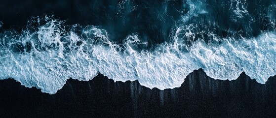 Aerial View of Foamy Ocean Waves Crashing on a Black Sand Beach