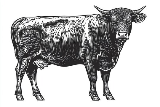 Beef Diagram. Angus Cattle Butchering Chart and Farm Symbol in Black and White