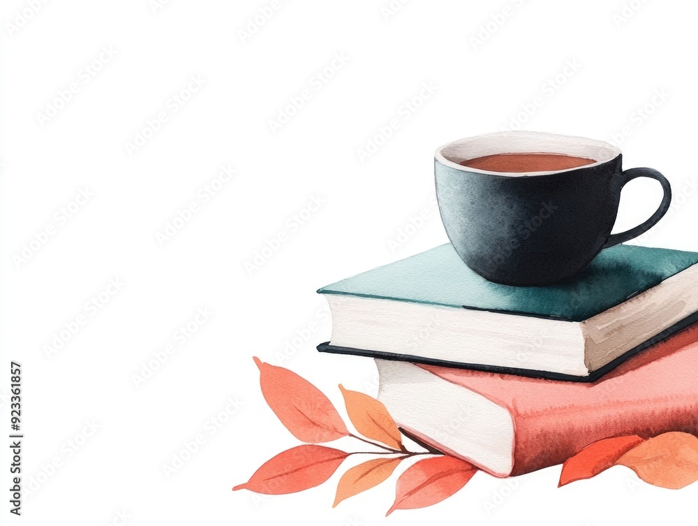 Poster cozy watercolor showcasing a stack of books accompanied by a warm and comforting beverage set agains