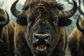 Naklejka premium Bison Attack. Close-up View of European Bison in Aggressive Stance