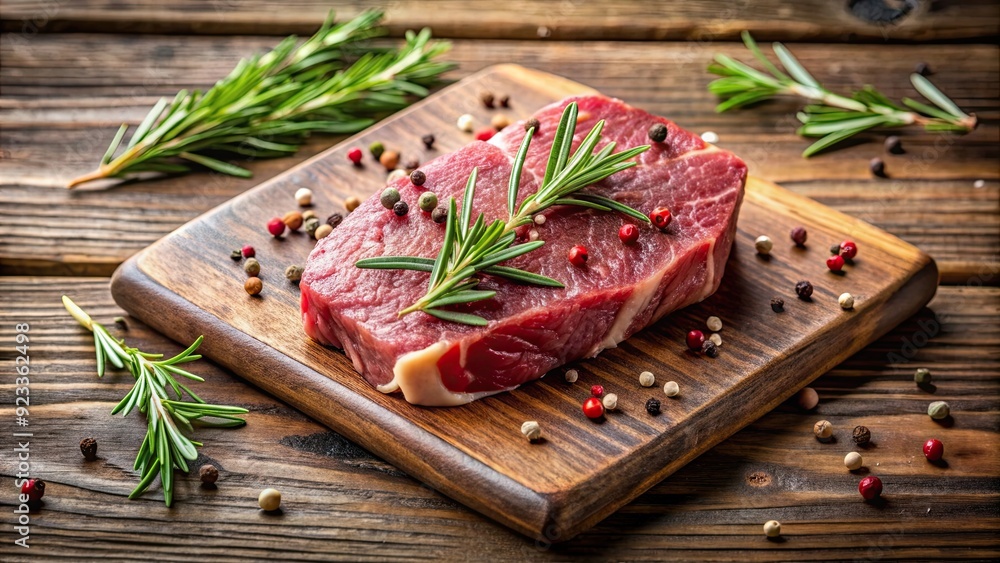 Poster Raw beef steak with fresh rosemary and peppercorns on a wooden cutting board , beef, steak, raw, fresh, rosemary