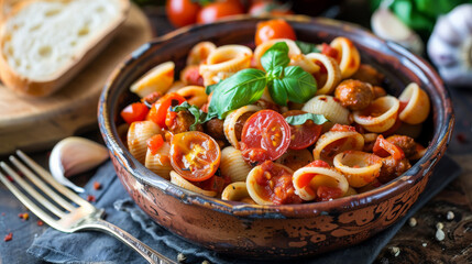 Savor the vibrant flavors of Orecchiette pasta, combined with spicy chorizo sausage, juicy cherry tomatoes, garlic, and fresh basil, all tossed in a rich tomato sauce