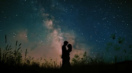 Fototapeta premium A loving couple stands silhouetted against a breathtaking starry sky, capturing a moment of romance and infinite possibilities.