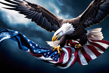 Bald eagle flying and holding american flag for independence day illustration