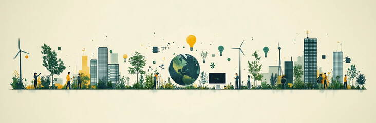 A cityscape with a large green globe in the middle. The globe is surrounded by buildings and people