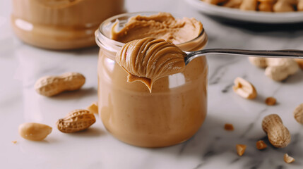 a spoonful of creamy peanut butter placed on a marble surface, with a few scattered peanuts and a jar of peanut butter in the background