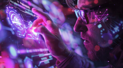 Naklejka premium A user engages with an advanced interactive display, manipulating vibrant digital graphics in a low-light setting
