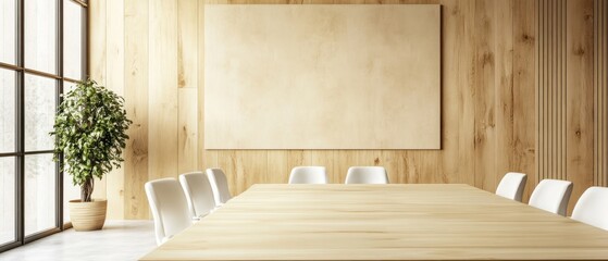 Wooden Conference Room Table with White Chairs and Large Blank Canvas