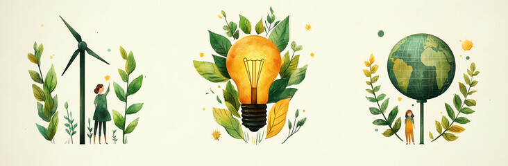 Three drawings of people and a light bulb, with a globe in the middle. The drawings are of people working on a project, with the light bulb representing an idea or a solution