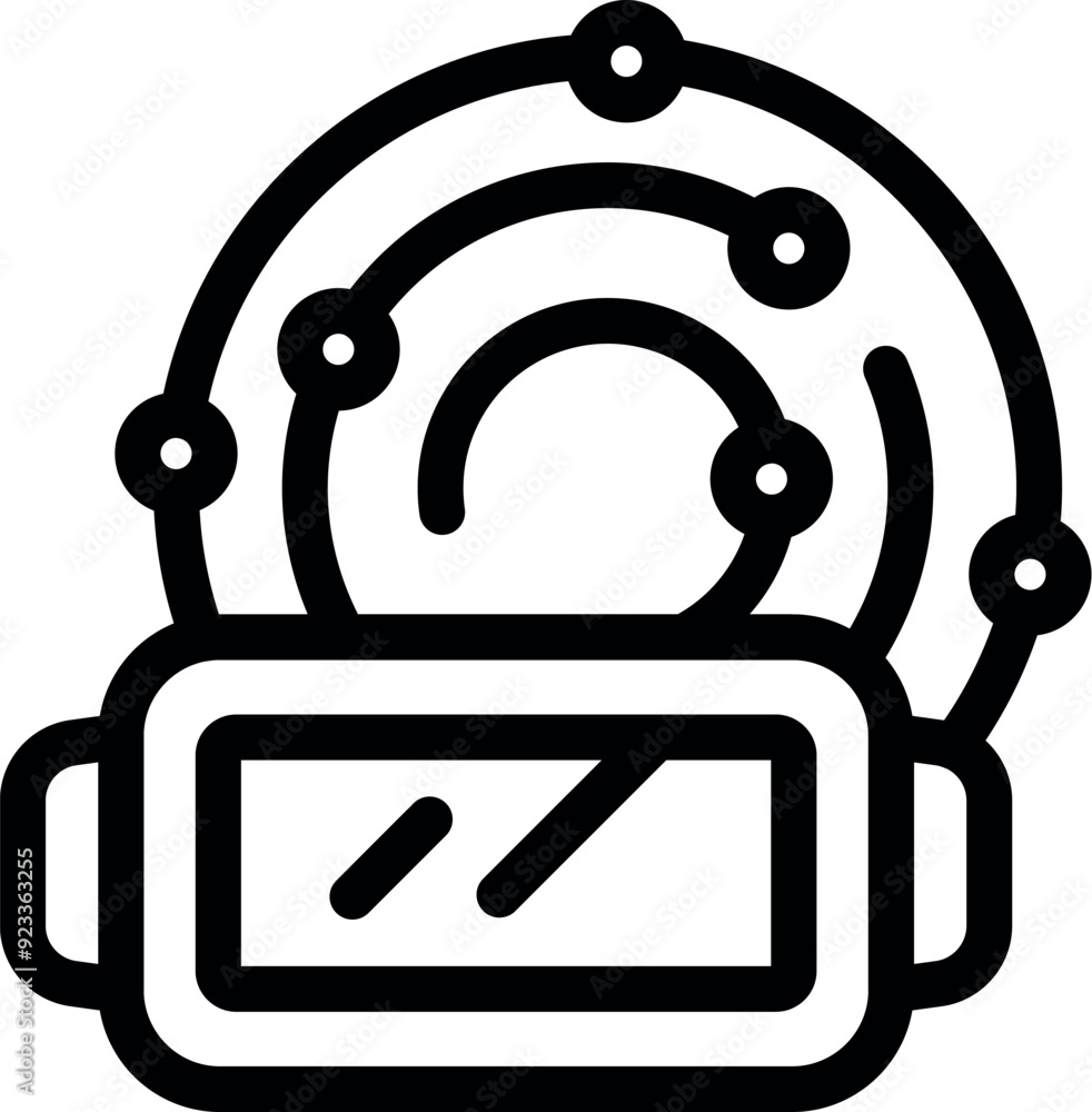 Poster bold line art icon of a vr headset is creating a digital world with nodes connecting