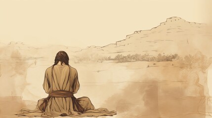 Illustration of Prayer of St. Drogo in 12th-Century French Village, Biblical Illustration, Beige Background, Copyspace,Christian banner - obrazy, fototapety, plakaty