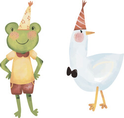 Hand drawn watercolor set of birthday animals, set of cute animals, cute frog  watercolor style, cute duck in watercolor style