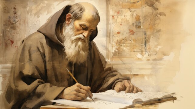 Illustration of Writing of St. Bede the Venerable in 8th-Century English Monastery, Biblical Illustration, Beige Background, Copyspace,Christian banner