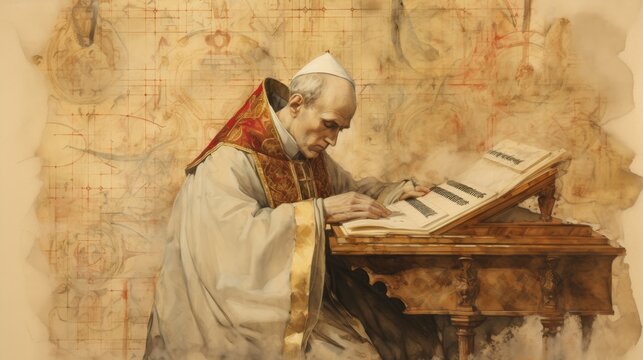 Illustration of Writing of St. Gregory the Great with Gregorian Chant Symbols, Biblical Illustration, Beige Background, Copyspace,Christian banner