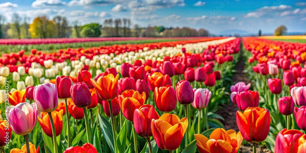 Poster Tulip field in spring with colorful and red tulips, tulips, flowers, spring, field, nature, blooming, vibrant, blossoms, petals, beauty