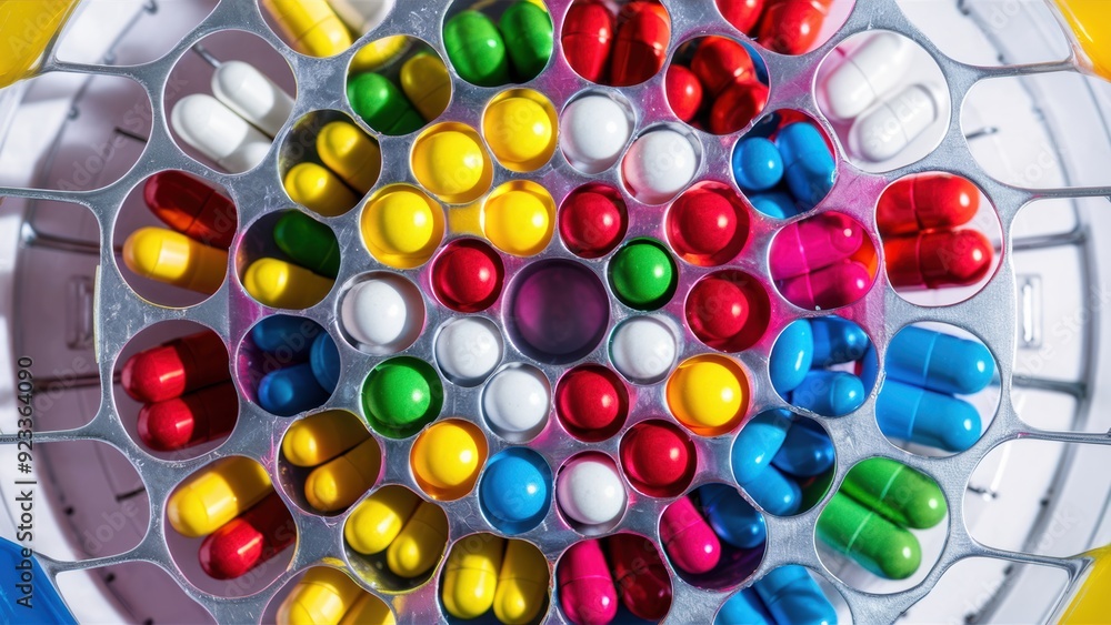 Poster a colorful pills are arranged in a circular pattern on top of each other, ai