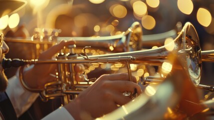 Fototapeta premium Gleaming brass instruments in the hands of musicians sparkle under warm, twinkling lights, evoking a festive and lively atmosphere.