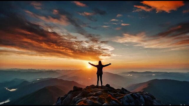 Silhouette of a person standing on a mountaintop with arms wide open enjoying sunset while clouds passing by over the head, female solo traveler and clouds time lapse during sunset Generative AI