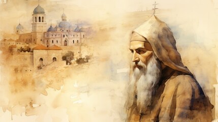 Fototapeta premium Illustration of Reflection of St. Cyril of Jerusalem in Ancient Jerusalem, Biblical Illustration, Beige Background, Copyspace,Christian banner