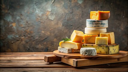 Stack of assorted cheeses on wooden stand displayed on a table, cheese, dairy, variety, gourmet, wooden, stand, table