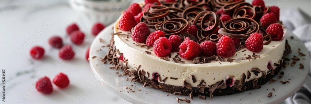 Poster Round cheesecake topped with raspberries and chocolate shavings