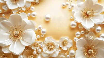 White floral background with pearls on a gold background