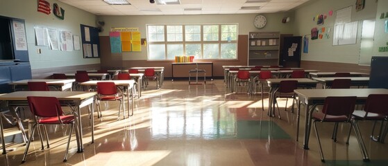 Empty Classroom with Red Chairs and Desks