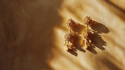 Intricate gold earrings with beaded embellishments lie on a warm, textured surface, casting elegant shadows that highlight their ornate design.