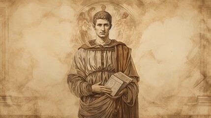 Naklejka premium Illustration of Holding Gridiron and Book of St. Lawrence in Ancient Rome, Biblical Illustration, Beige Background, Copyspace,Christian banner