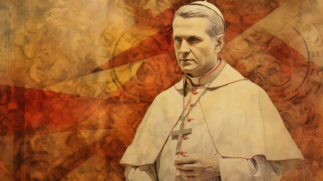Illustration of St. Pius X in Papal Robes at Vatican, Biblical Illustration, Beige Background, Copyspace,Christian banner