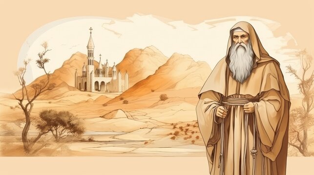 Illustration of Desert Scene with St. Anthony of Egypt in 4th-Century Egyptian Landscape, Biblical Illustration, Beige Background, Copyspace,Christian banner