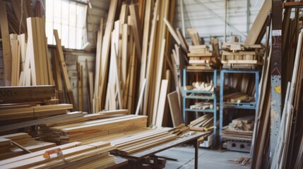 A bustling woodshop filled with various types and sizes of wooden planks, highlighting the industrious atmosphere of woodworking.