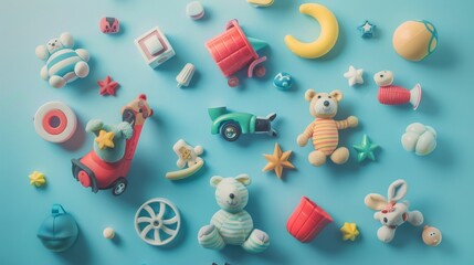Obraz premium A delightful spread of various nostalgic toys arranged on a blue background, bringing a sense of wonder and childhood memories.