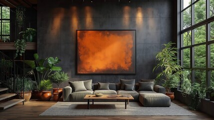 Luxurious modern living room interior with industrial design elements, featuring a large abstract orange painting, green plants, and warm lighting for a cozy atmosphere