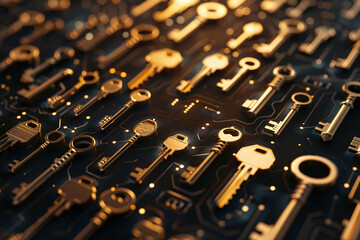 Fototapeta premium A lot of keys on a black background. Symbol of security.