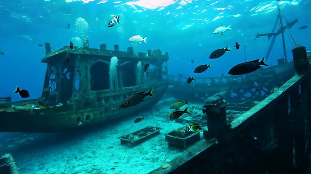 Sunken rusty ship underwater after shipwreck. Blue clear water, fish swimming around. Wreckage of boat. Explore ocean bottom under water. Maritime archaeology. Yacht vessel wreck. Warship.
